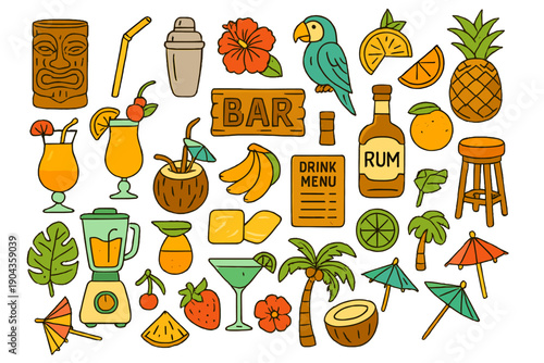 Summer drinks and tropical items displayed in a fun layout for a bar scene