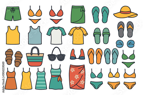 Collection of summer clothes and accessories for a beach day or vacation in warm weather