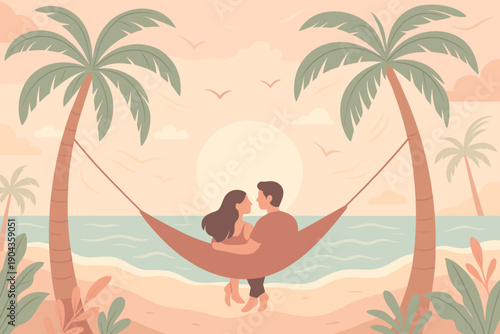 Couple relaxes on hammock by the beach at sunset with palm trees and gentle waves in the background