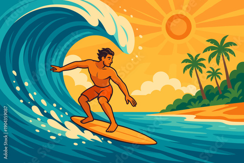 Surfer rides a big wave on a sunny day at a tropical beach with palm trees and blue ocean waters