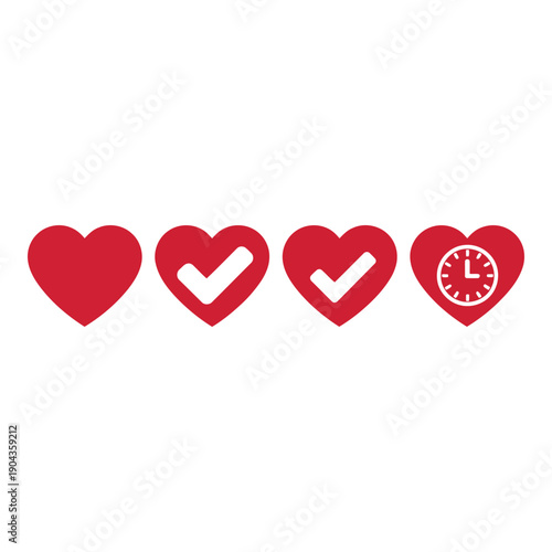 Four red hearts with checkmarks and a clock