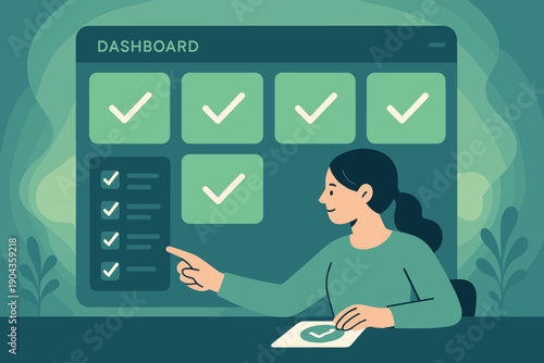 Person points at dashboard while reviewing completed tasks on screen in a workspace during daytime