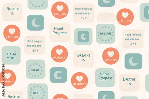 Patterns of simple words and symbols used to promote mindfulness and personal growth in a calm setting during the day