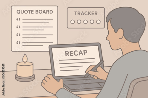 Person writes recap on laptop while sitting at a desk with a candle and boards in a simple workspace