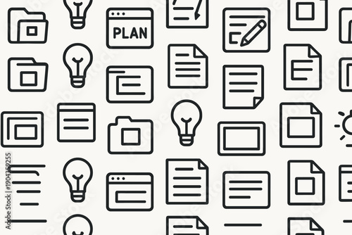 Various icons representing documents, ideas, and plans on a clean surface during daytime