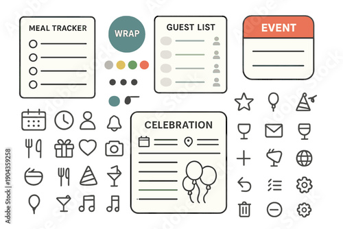 Planning a celebration with meal tracker, guest list, and event details on a simple layout with icons