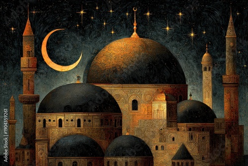 Ornate Islamic architecture features large domes and tall minarets under a starry night sky with a crescent moon