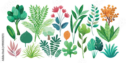 A lush collection of various green foliage and plant elements showcasing different shapes and textures.
