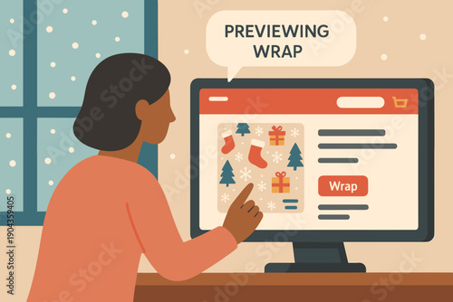 Person views gift wrapping options on a computer screen in a home setting during the holiday season