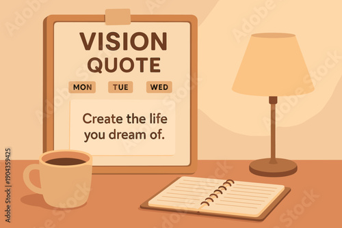 Focus on vision and planning with a quote about creating dreams on a desk with coffee and a notebook