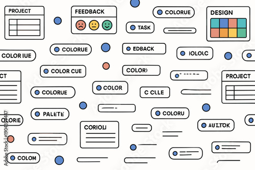 Patterns of colors and text in a design layout with project tasks and feedback options shown on a white background