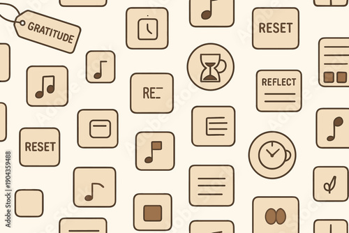 Patterns of icons representing self-reflection, time management, and gratitude in a simple design on a light background