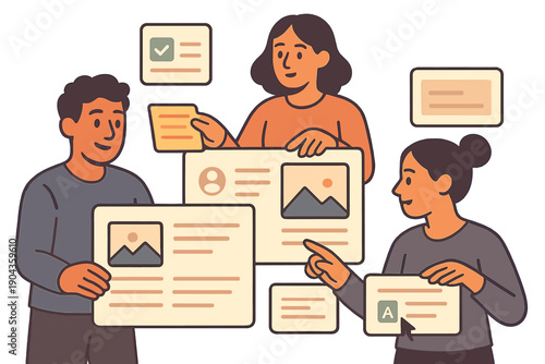 Team members share ideas while discussing project details in a collaborative workspace online using digital content during a team meeting