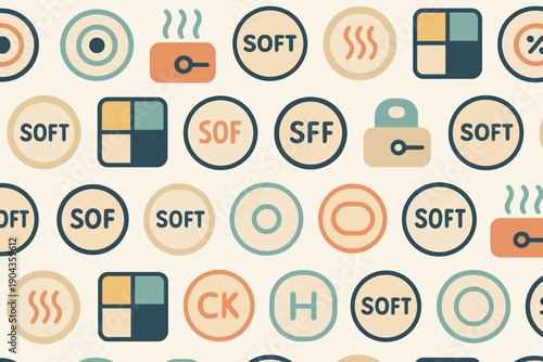 Pattern of various shapes and symbols in different colors on a light background during daytime setting