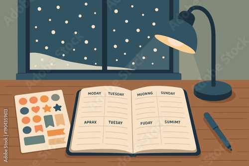 Desk with planner and lamp by a window on a winter evening with snow falling outside