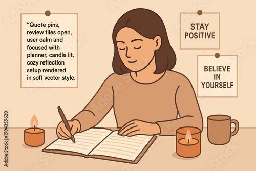 Woman writes in planner by candlelight with positive quotes around her in a cozy setting