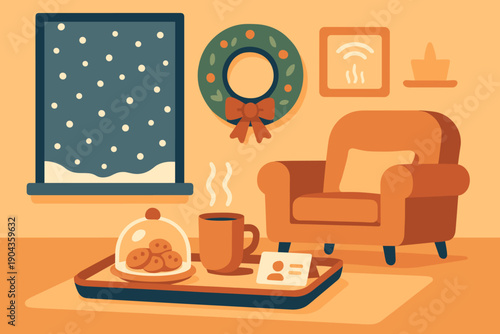 Warm setting with a chair, a tray of cookies, and a cup of coffee near a snowy window during winter season