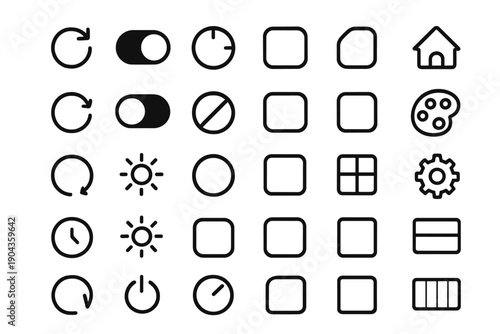 Various user interface icons for controls and settings arranged in a grid for easy reference and design use