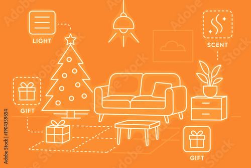 Creating a festive living room scene for Christmas with decorations, gifts, and lights in a cozy indoor setting