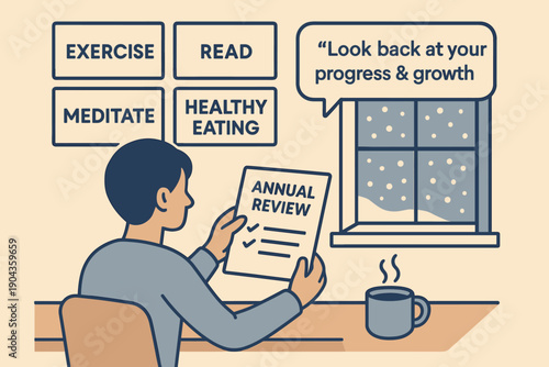 Reviewing personal growth and achievements while enjoying a warm drink by the window during winter time