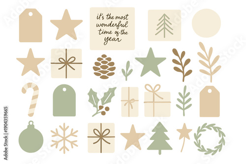 Winter holiday decoration elements including stars, gifts, and tags for seasonal crafting and design