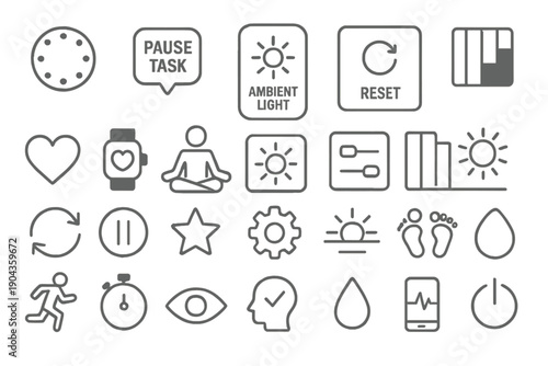 Symbols of wellness and productivity shown through various icons on a plain background with different functions for daily tasks