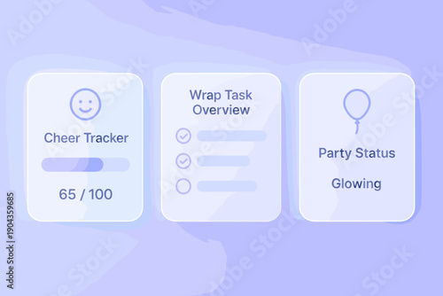 Cheer tracker shows progress, task overview includes checks, and party status is glowing in a digital interface on a light background