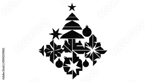 Geometric Christmas Cheer: A minimalist geometric illustration of a decorated Christmas tree radiates festive joy, perfect for holiday greetings and seasonal design.