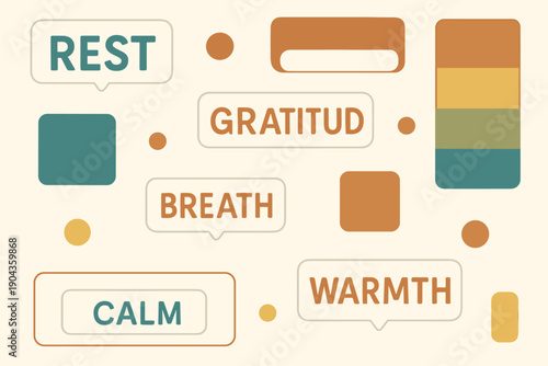 Words for reflection and mindfulness found in a simple design with shapes and colors that invite a moment of pause and thought