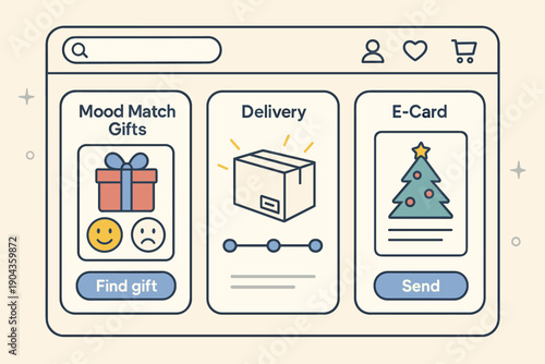 Online shopping display showing mood match gifts, delivery options, and e-card services for holiday season gift giving