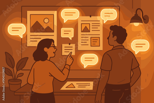 People discuss ideas in a room with visual presentations on the wall and boards exhibiting various designs and thoughts