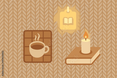 Warm drink, reading, and candle in a cozy setting during a quiet evening at home with simple decor and peaceful vibes