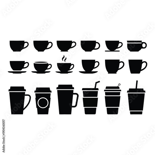 A collection of coffee cups and cups with lids