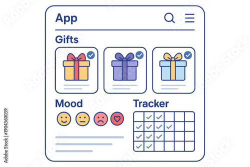 Gifts app interface showing options for gifts, mood selection, and a tracker feature for users to manage their gifting experience