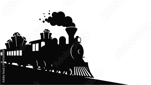 Silhouette Steam Train: A classic steam train silhouette, a symbol of travel and transport, puffing smoke and carrying the cargo of gifts. A graphic that embodies the journey.