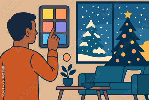 Choosing paint colors for home decoration during winter holidays with a view of a decorated Christmas tree