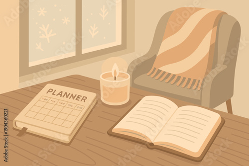 Cozy setting with a planner, a book, a candle, and a chair by a window during a winter day