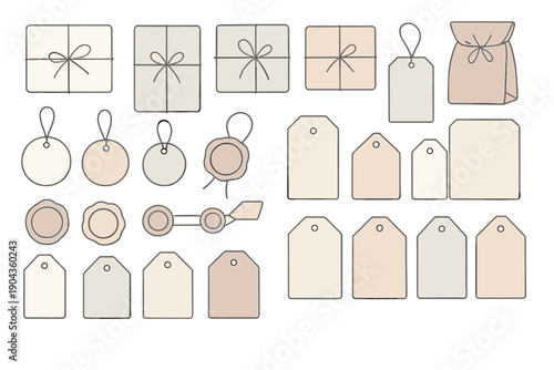 Gift tags and wrapping materials are arranged on a white background for easy selection and use during the gift-giving season