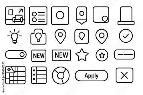 Various icons and symbols for user interface design in a simple outline style displayed on a white background