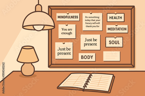 Words on a bulletin board in a quiet room focus on mindfulness and health for daily inspiration and self-reflection