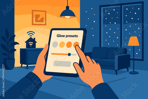 Hands control glow presets on a tablet in a modern room at night with a smart device and cozy furniture