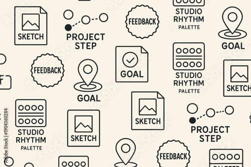 Various design elements showing project steps, goals, sketches, and feedback symbols on a light background across a pattern