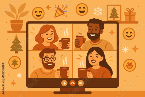 Friends enjoy hot drinks on a video call during holiday celebrations at home in a cozy setting