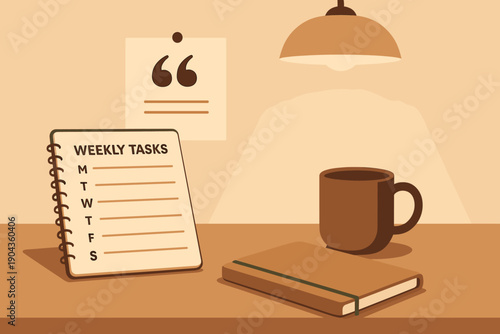 Organizing weekly tasks at a simple workspace with coffee and notebook in the evening