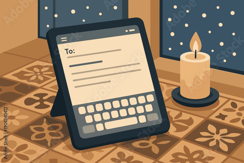 Tablet on table with candle nearby creates a cozy atmosphere in a warm room during evening hours