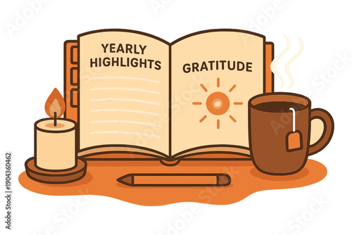 Yearly highlights and gratitude journal with a candle and coffee cup on a table