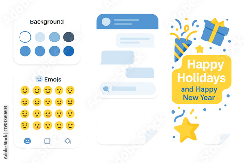 Design tools for creating holiday greetings with colorful backgrounds and festive icons for greetings