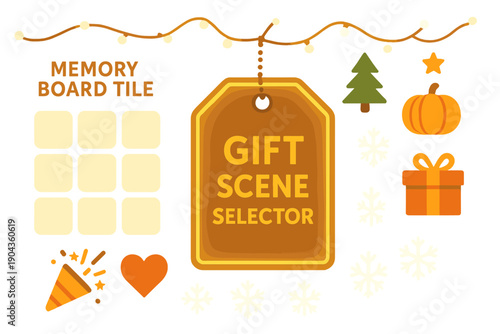 Gift scene selector with memory board tile layout and holiday icons in simple design