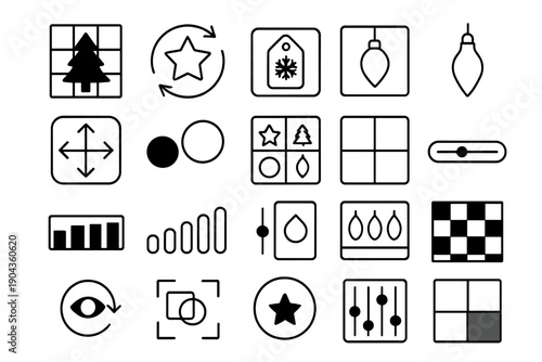 Set of simple black and white icons for various activities and design elements related to holidays and user interface