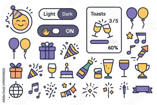 Celebration items with gifts, drinks, and decorations for a party at home during the evening